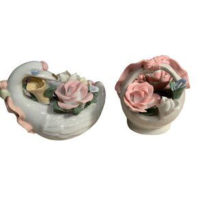 Vintage Porcelain Swan & Basket Figurines With Florals